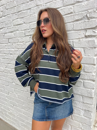 Le Lis | Rugby Polo Top Olive-Navy Stripe