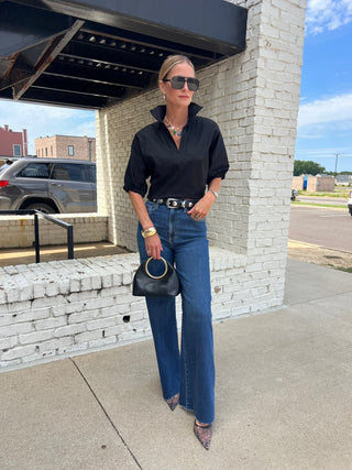 Adrienne | Stand Collar Drop Shoulder Top Black