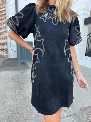 THML | Haisley Embroidered Suede Dress Black
