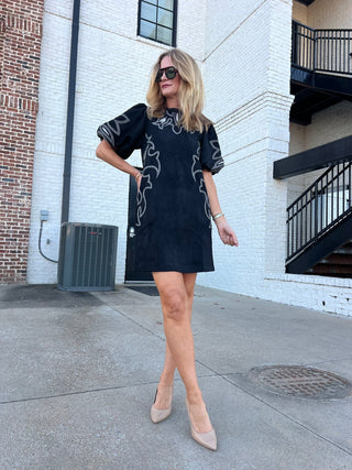 THML | Haisley Embroidered Suede Dress Black