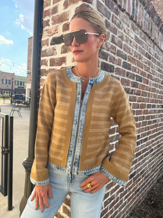 Denim Trim Knit Zip Up Jacket