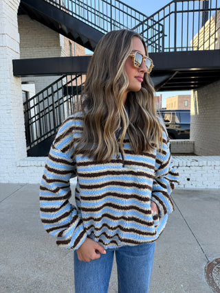 Aubrey Fleece Pullover Light Blue Brown Stripe