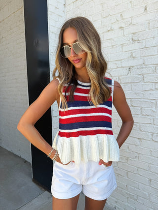 ENTRO Ralphy Stripe Knit, striped sleeveless sweater with fringe