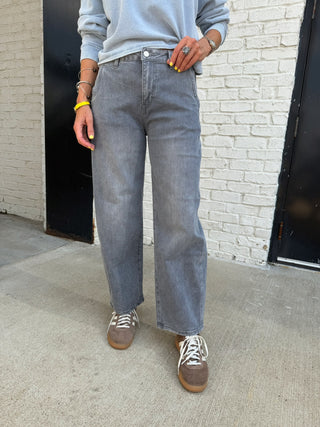 Vervet | Willow High Rise Grey Trouser Pockets Crop Barrel Jeans