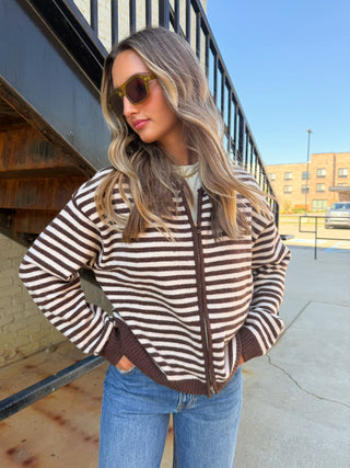 Sarah Striped Zip Up Hoodie Brown Combo