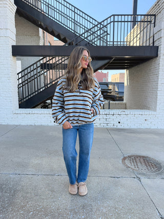Aubrey Fleece Pullover Light Blue Brown Stripe