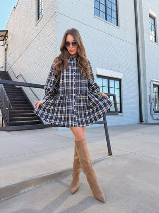 Olivaceous Luci Plaid Babydoll Mini Navy