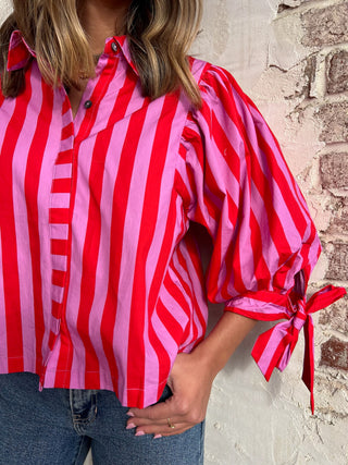 Cherry Pop Stripe Puff Top Pink/Red
