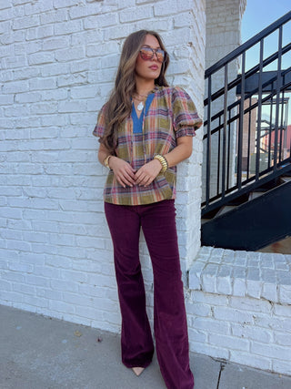 THML | Rayna Puff Sleeve Plaid Top VE