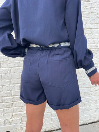 GLAM | Jennifer Stitch Belted Shorts Navy