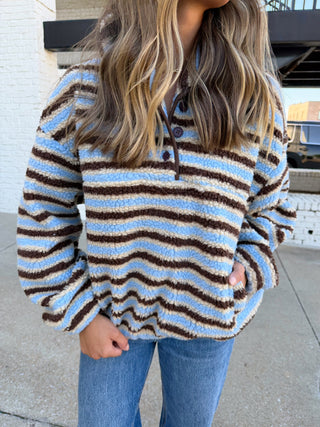 Aubrey Fleece Pullover Light Blue Brown Stripe