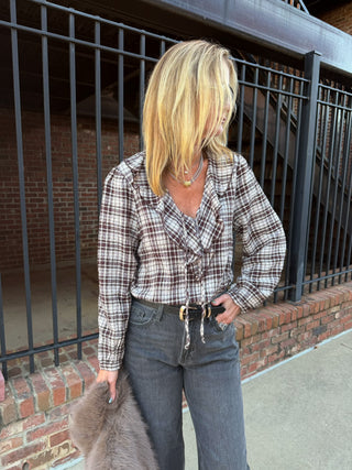 THML Addison Tie Front Ruffled Plaid Top
