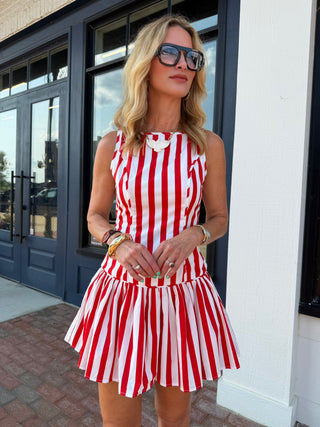 Katherine Drop Waist Mini Dress - Red/White