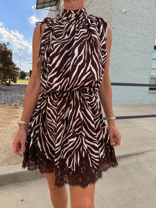 Madison Zebra Print Mini Dress Brown