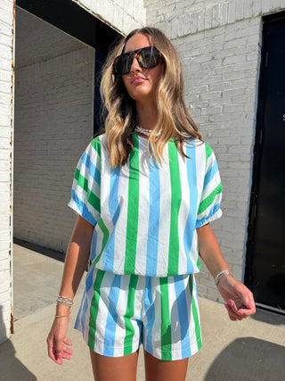 ENTRO Seaside Stripe Matching Set in blue and green vertical stripes - short sleeve top and matching shorts