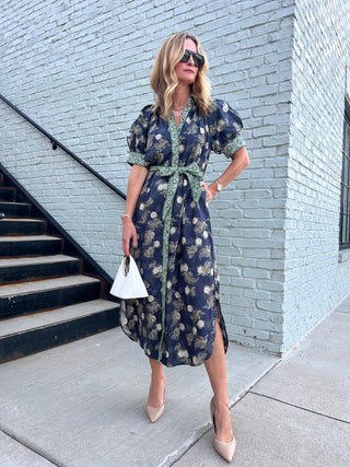 Entro | Ali Floral Puff Sleeve Midi Dress Navy