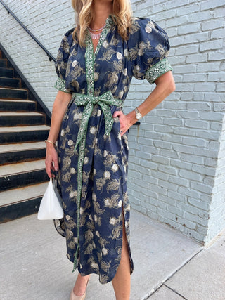Entro | Ali Floral Puff Sleeve Midi Dress Navy
