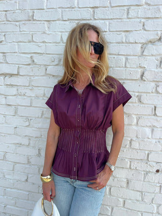 Entro | Desi Solid Smocked Peplum Top Plum