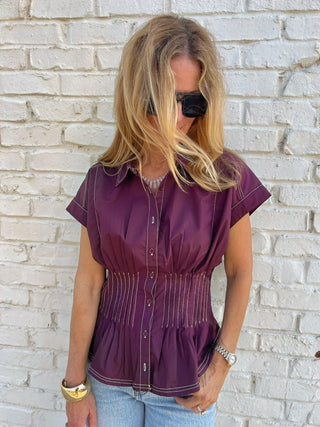 Entro | Desi Solid Smocked Peplum Top Plum
