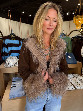 Kristina Faux Fur Trim Coat Brown