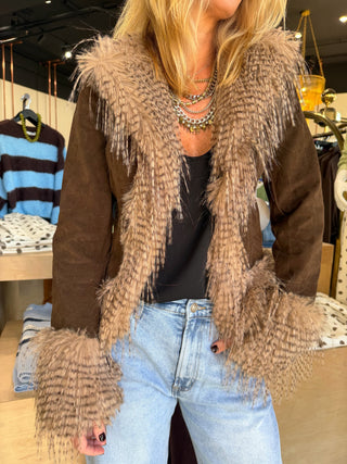 Kristina Faux Fur Trim Coat Brown