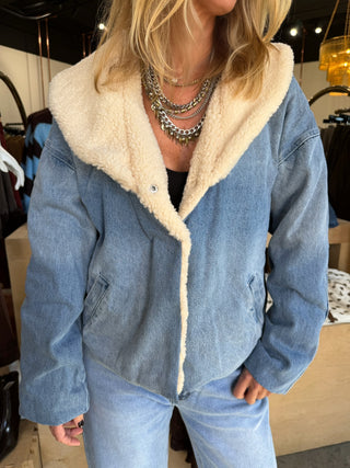 Sophie Fur Collar Jacket Denim and Cream