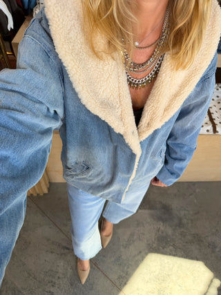 Sophie Fur Collar Jacket Denim and Cream