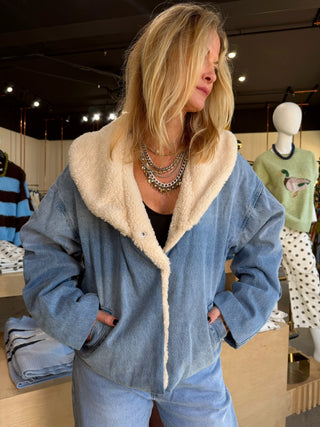 Sophie Fur Collar Jacket Denim and Cream