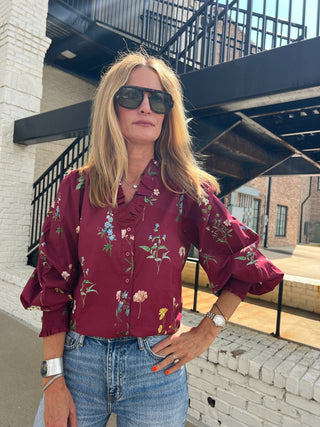 Entro | Halyn Floral Ruffle Blouse Burgundy