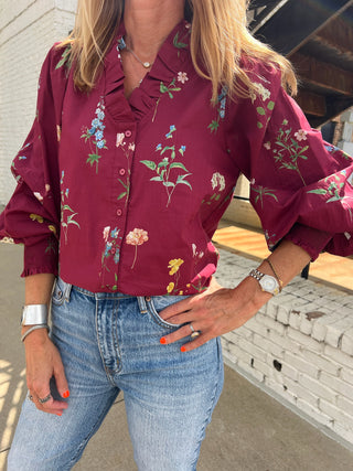 Entro | Halyn Floral Ruffle Blouse Burgundy