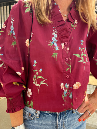 Entro | Halyn Floral Ruffle Blouse Burgundy
