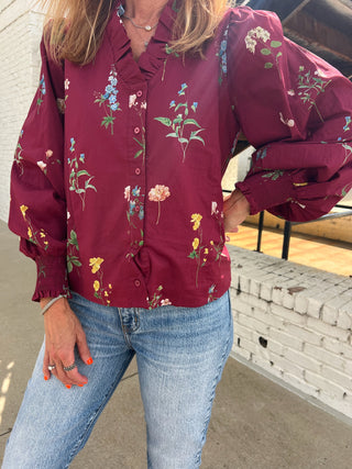 Entro | Halyn Floral Ruffle Blouse Burgundy