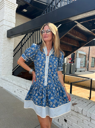 Entro | Bella Floral Pleated Mini Dress Teal Blue