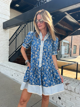 Entro | Bella Floral Pleated Mini Dress Teal Blue