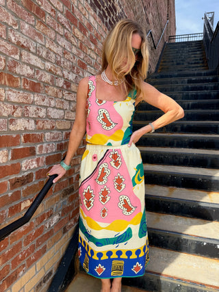 Adelyn Rae | Kylie Square Neck Smocked Back Printed Top Yellow Blue