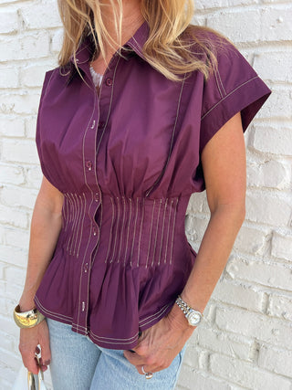 Entro | Desi Solid Smocked Peplum Top Plum
