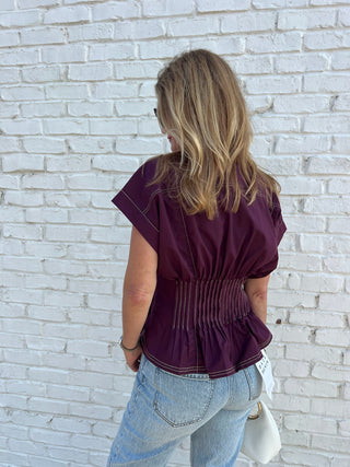 Entro | Desi Solid Smocked Peplum Top Plum