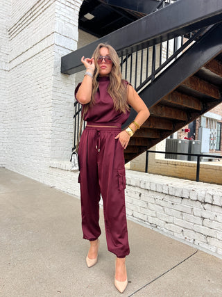 City Lights Satin Mock Neck Top Wine