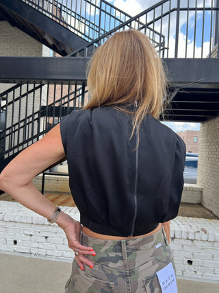 City Lights Satin Mock Neck Top Black