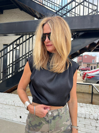City Lights Satin Mock Neck Top Black