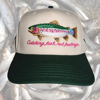 Threaded Rodeo Catching Fish Not Feelings trucker hat with trout