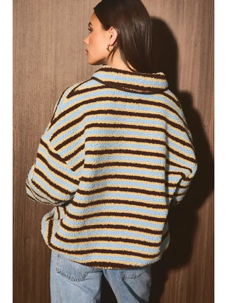Aubrey Fleece Pullover Light Blue Brown Stripe