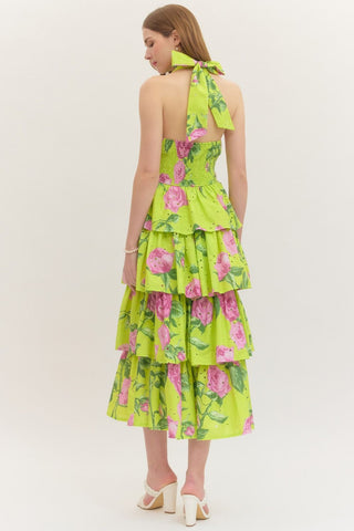 ENTRO | Lime Blooms Tiered Midi Dress