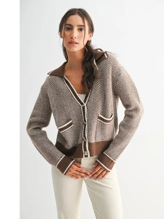 Reina Herringbone Cardigan Brown