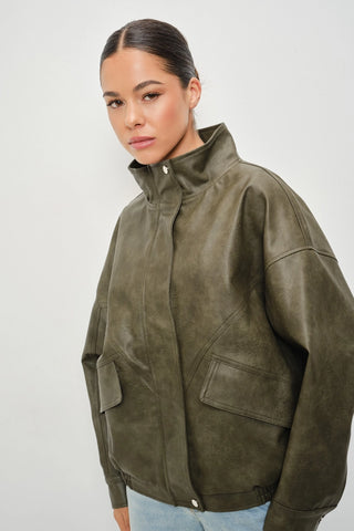 Kari Leather Oversized Jacket Deep Olive