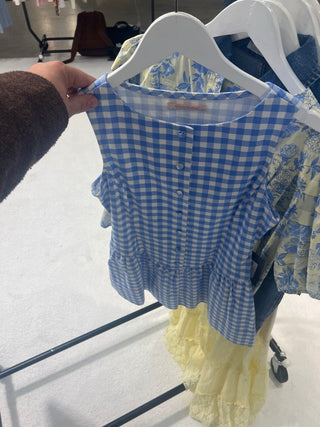 Olivaceous blue gingham button front collared dress