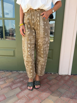 Paisley Print Washed Pants - Brown