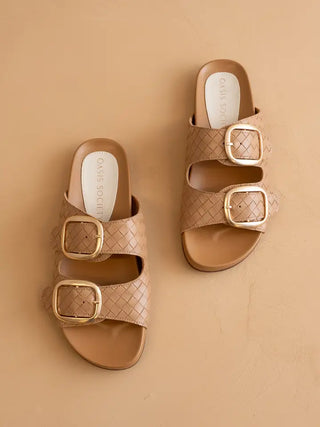 Oasis Society |The Desiree | Almond Woven Slide With Oversized Gold Buckles