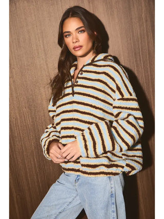 Aubrey Fleece Pullover Light Blue Brown Stripe