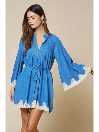 LALAVON | Floral Lace Trim Denim Mini Dress with Pockets